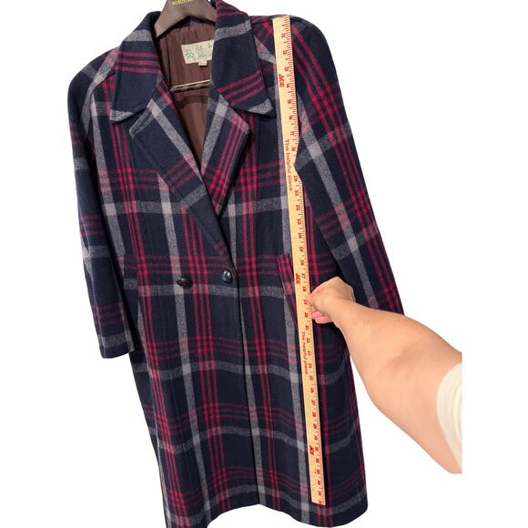 Sezane Vintage XL Oversized Slouchy 100% WOOL Plaid Coat Long Jacket Trench Blue - Picture 9 of 11